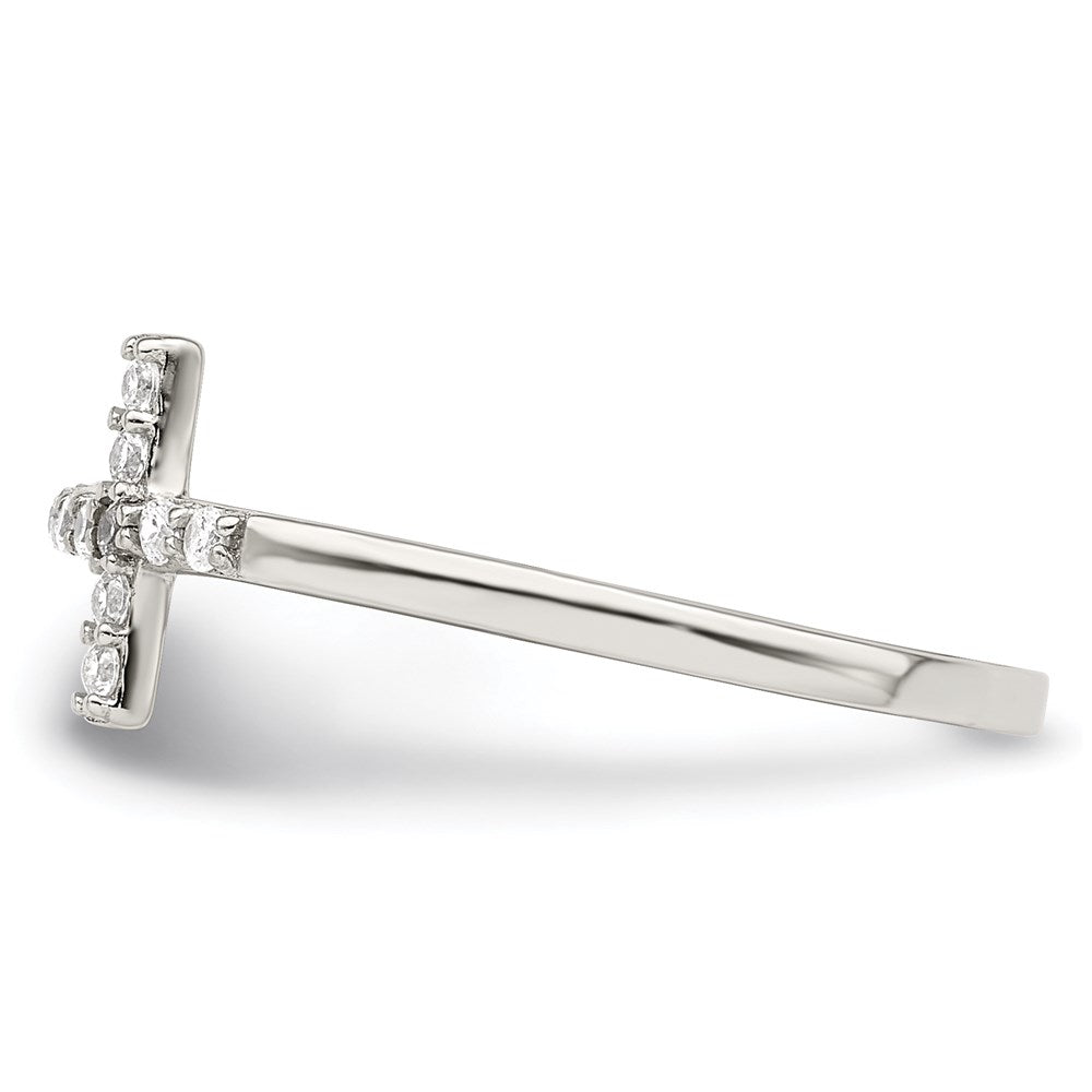 Sterling Silver Rhodium-plated CZ Sideways Cross Ring