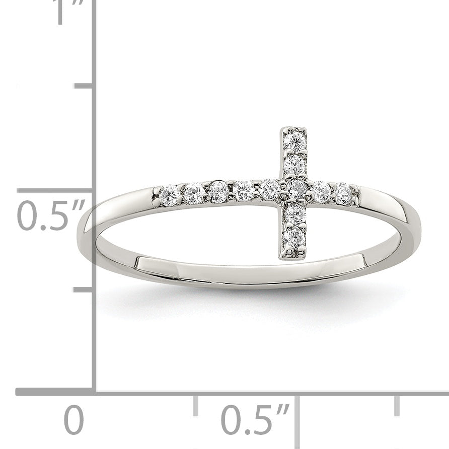 Sterling Silver Rhodium-plated CZ Sideways Cross Ring