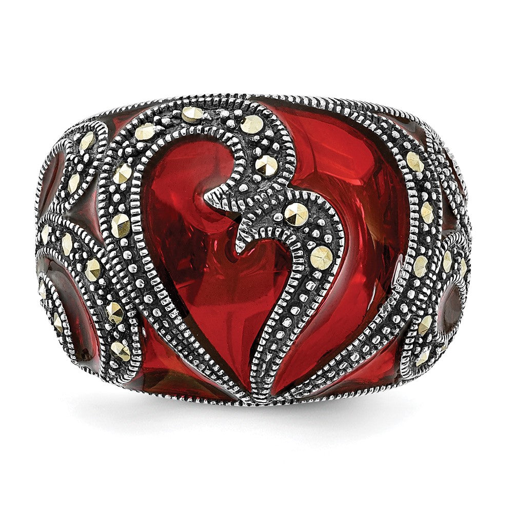Sterling Silver Polished & Antiqued Marcasite & Red Epoxy Heart Ring