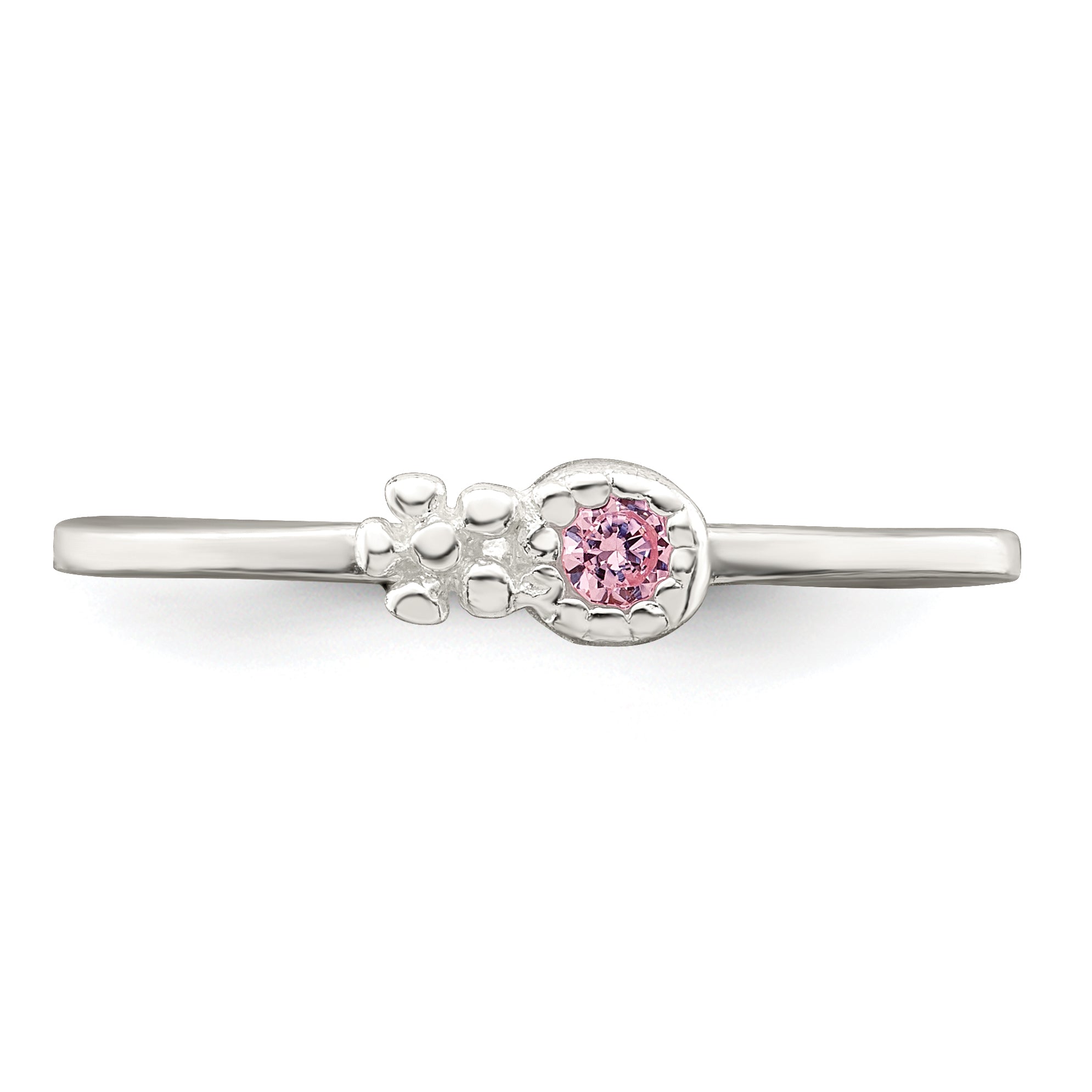 Sterling Silver Polished & Beaded Pink CZ Flower Children's Ring