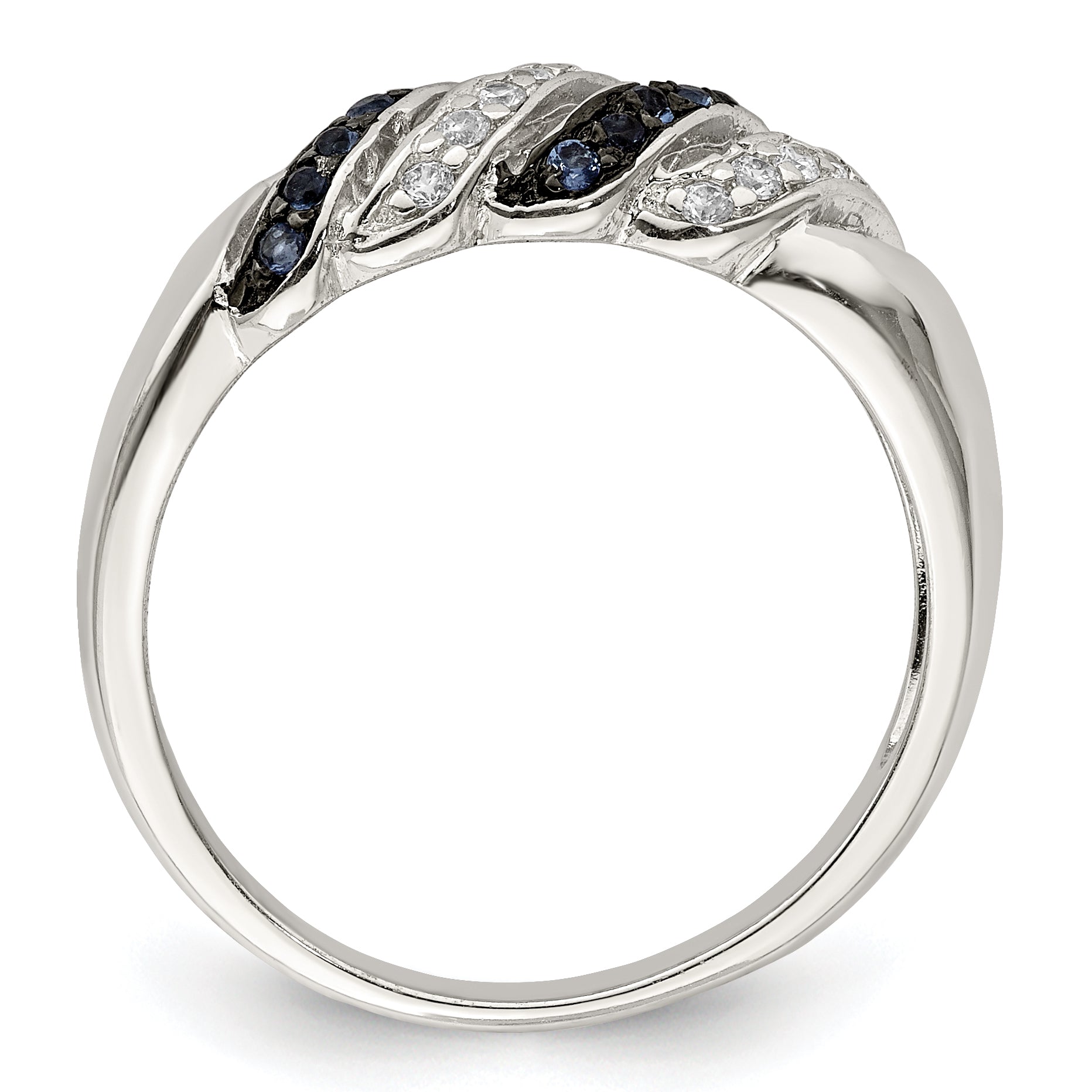 Sterling Silver Rhodium-plated Polished CZ & Blue Glass Stone Ring