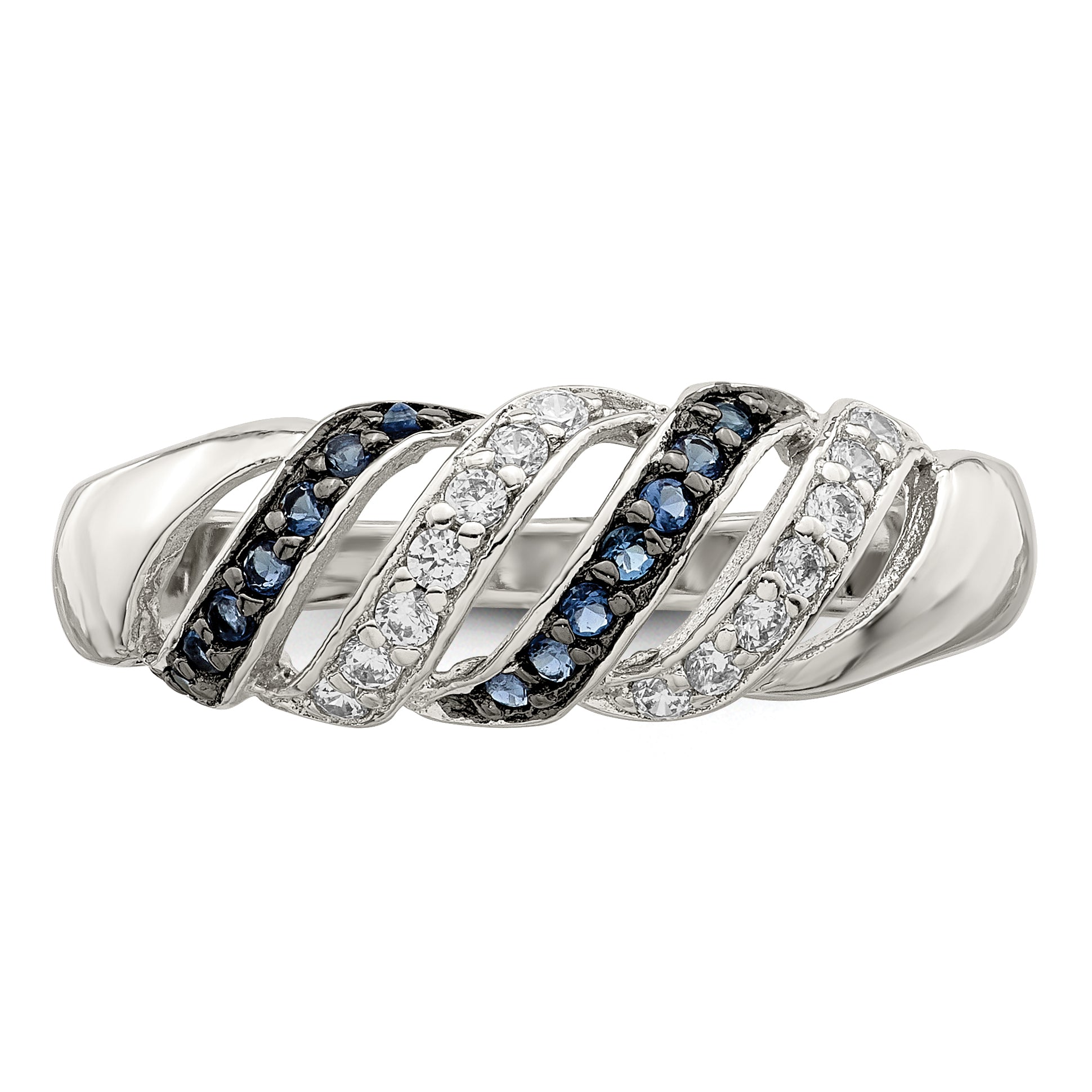 Sterling Silver Rhodium-plated Polished CZ & Blue Glass Stone Ring