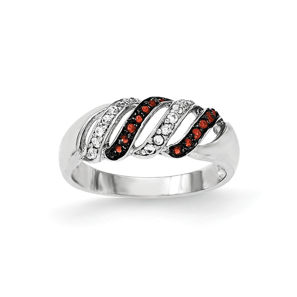 Sterling Silver Polished CZ & Red Glass Stone Ring