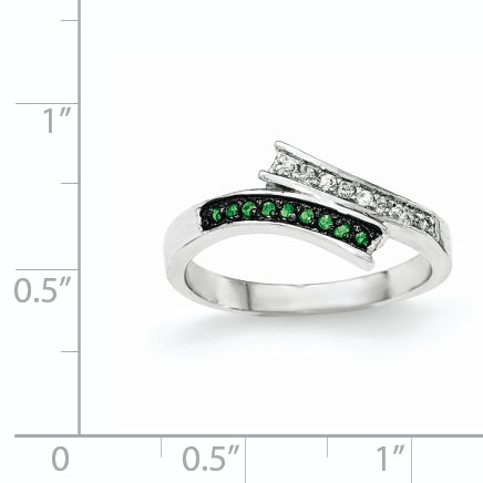 Sterling Silver Polished CZ & Green Glass Stone Ring