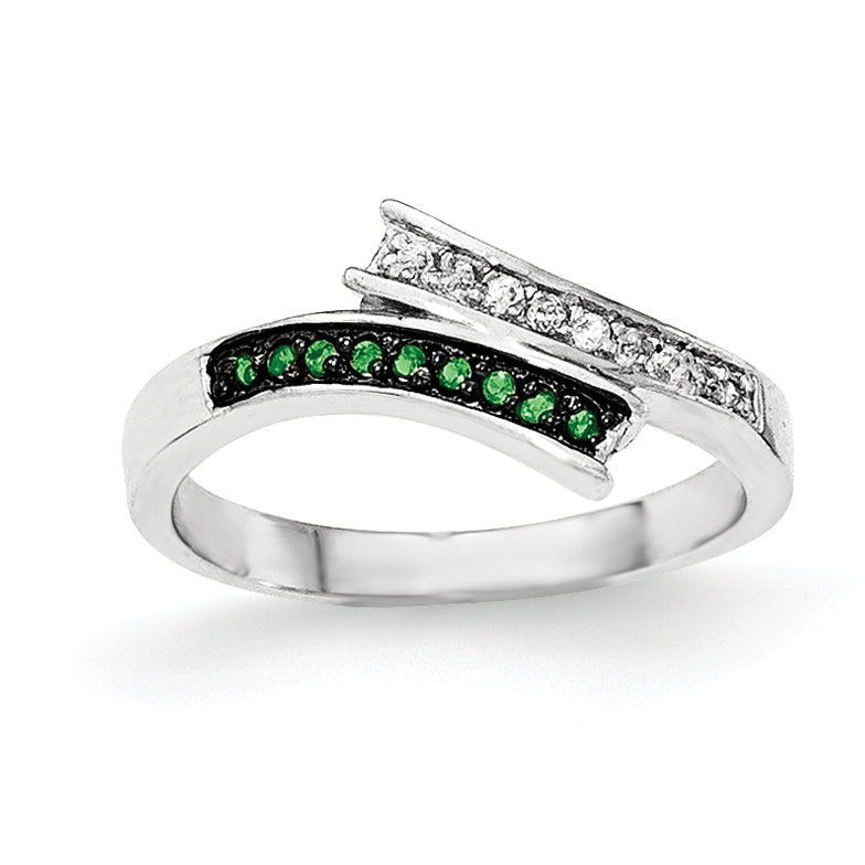 Sterling Silver Polished CZ & Green Glass Stone Ring