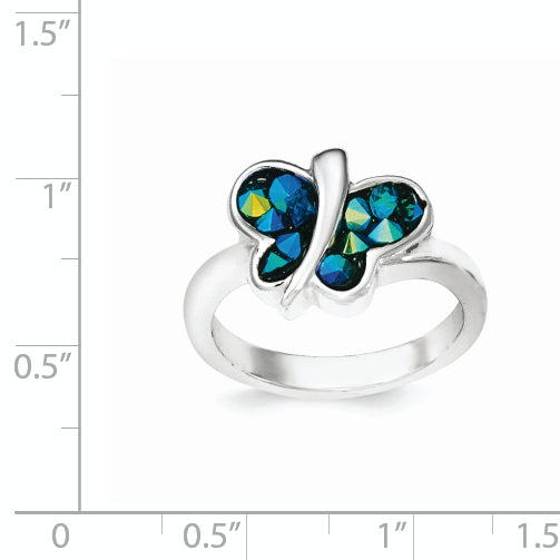 Sterling Silver Rhodium-plated Blue Crystal Butterfly Ring