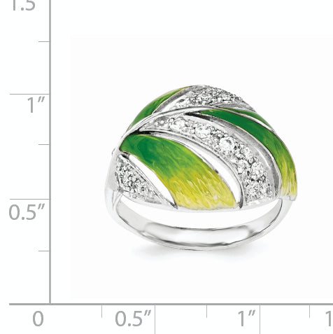 Sterling Silver Green And Yellow Enamel Leaf And CZ Ring