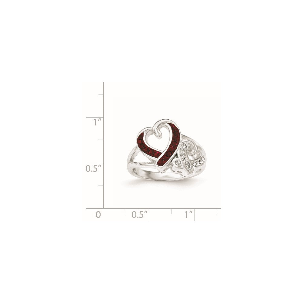 Sterling Silver Red and White Crystal Two Heart Ring