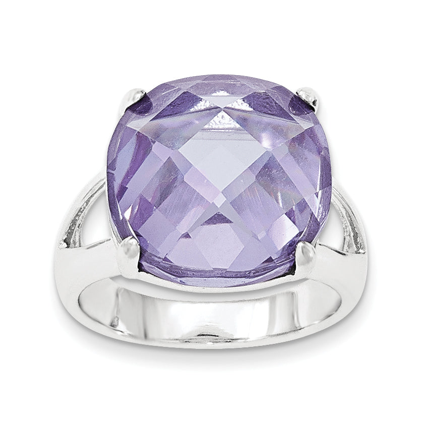 Sterling Silver Lavender CZ Checkerboard-cut Cushion Ring