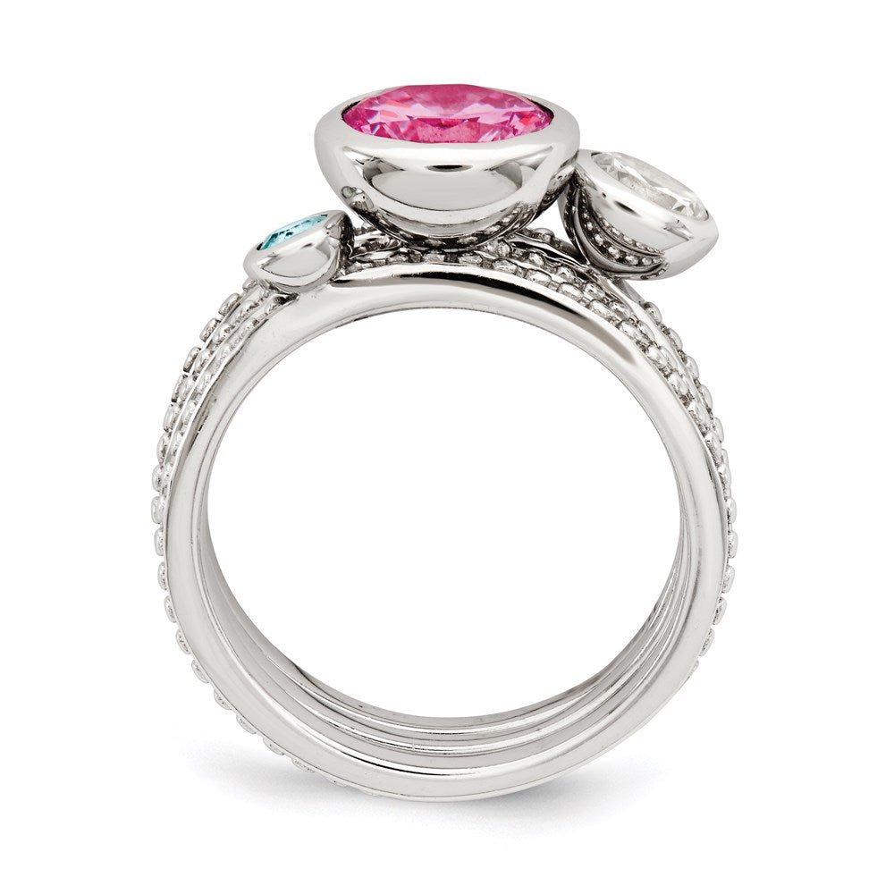 Sterling Silver Rhodium-plated w/Pink & White CZ and Blue Glass Ring Set