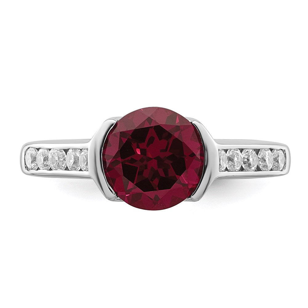 Sterling Silver Rhodium-plated Synthetic Ruby and CZ Bezel Ring