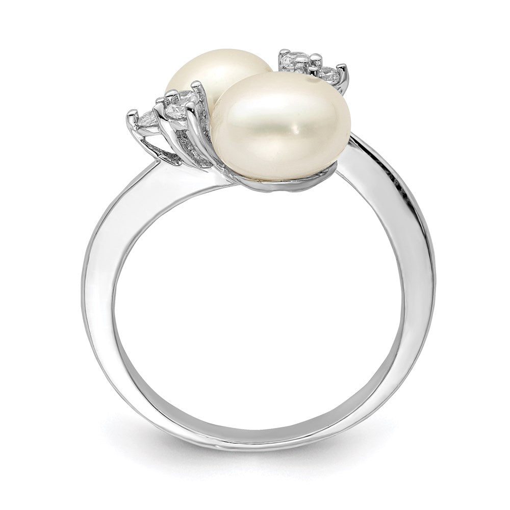 Sterling Silver Rhod-plated 8-9mm White 2-FW Cultured Pearl and CZ Ring