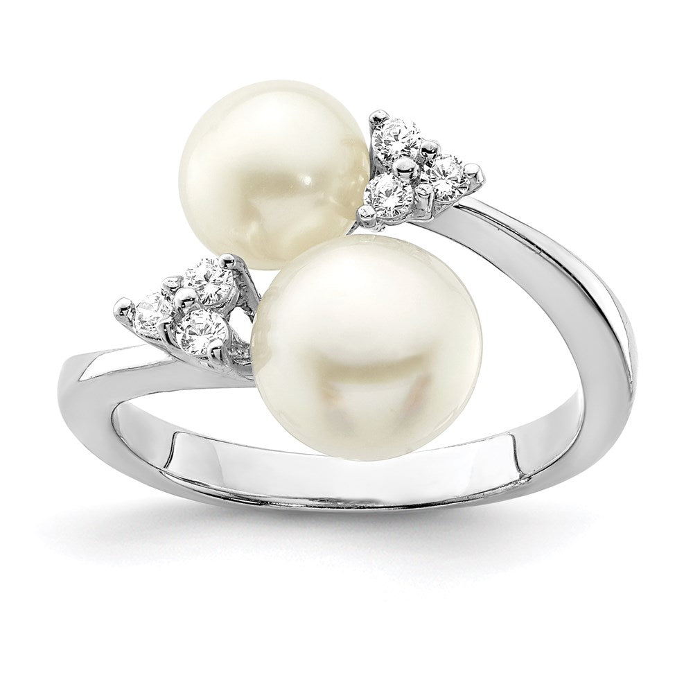 Sterling Silver Rhodium-plated 8-9mm White 2-FWC Pearl and CZ Ring
