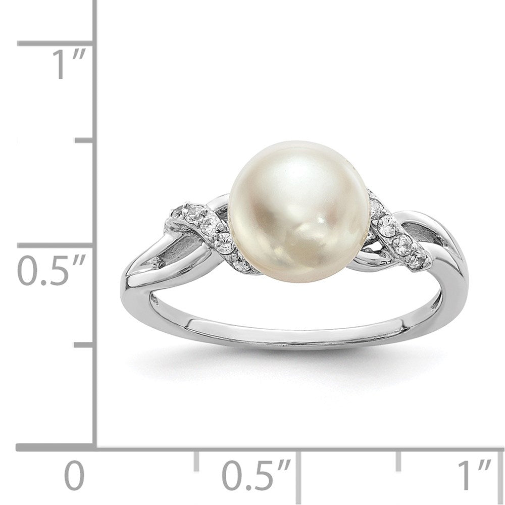 Sterling Silver Rh-plated 8-9mm White FW Cultured Pearl CZ Ring