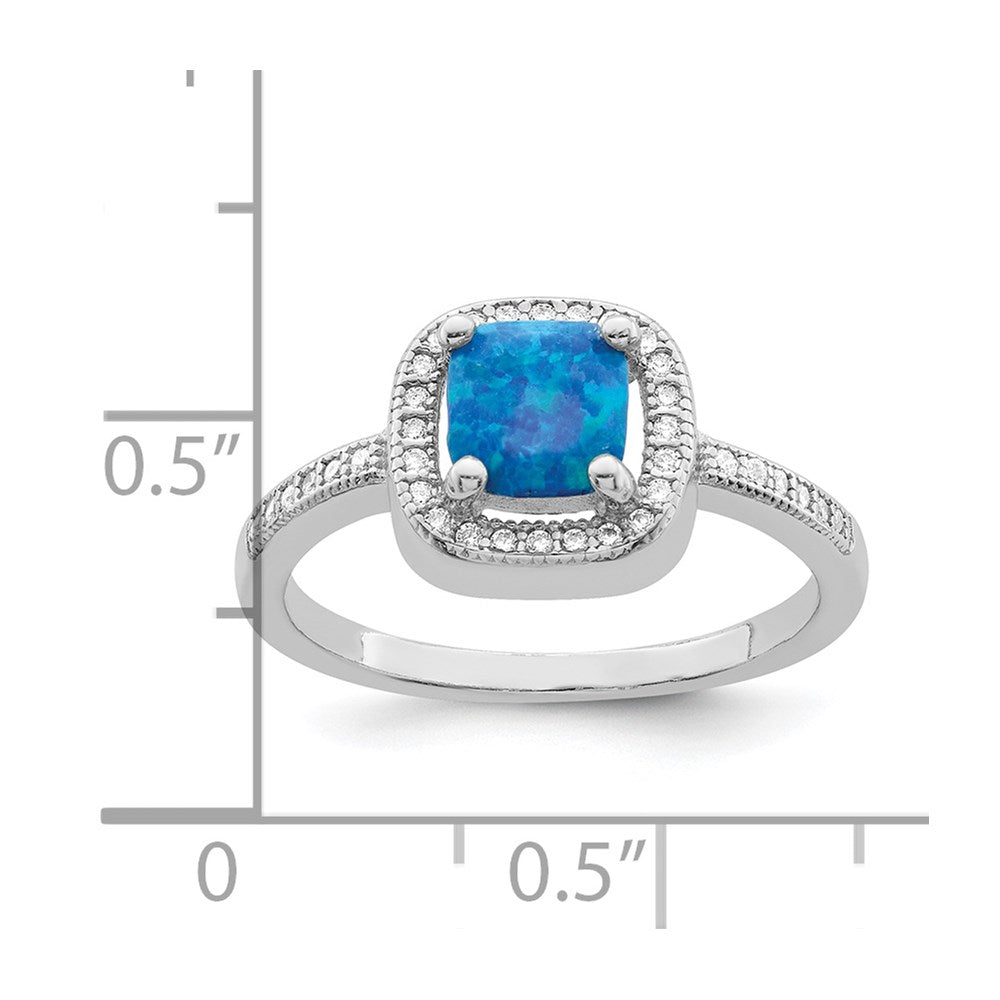 Sterling Silver Rhodium-plated Square Blue Created Opal CZ Ring