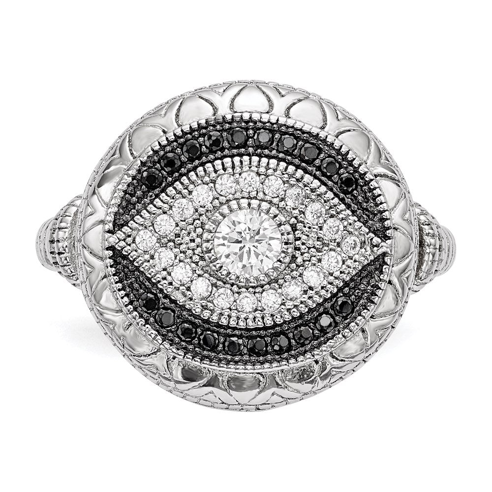 Sterling Silver Rhodium-plated Black and White CZ Evil Eye Ring