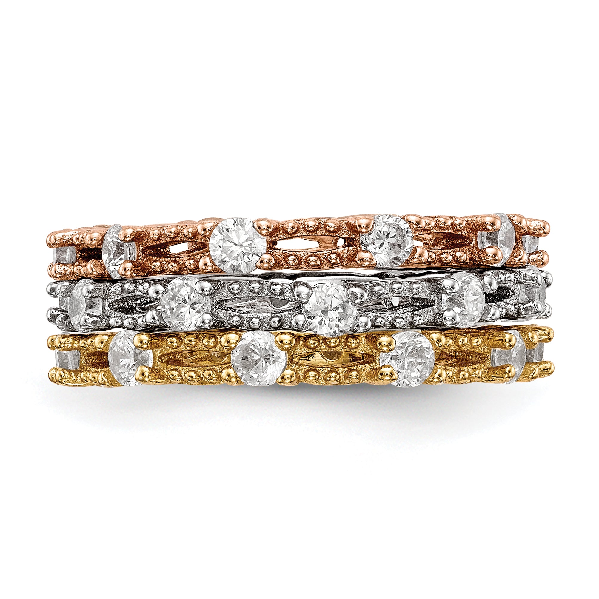 Sterling Silver White Yellow & Rose-tone Set of 3 CZ Eternity Rings