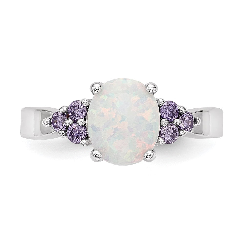 Sterling Silver Rhodium-plated Oval Created Opal w/Purple CZ Ring