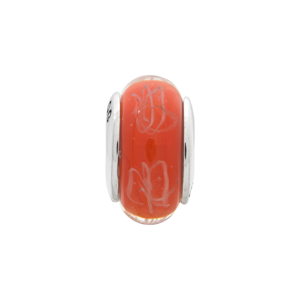 Sterling Silver Reflections Orange/White Scribbles Hand-blown Glass Bead