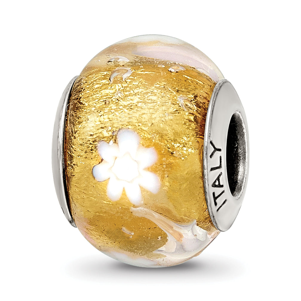 Sterling Silver Reflections Gold/White Flower Italian Murano Bead Size: 13.64MM X 10.91MM