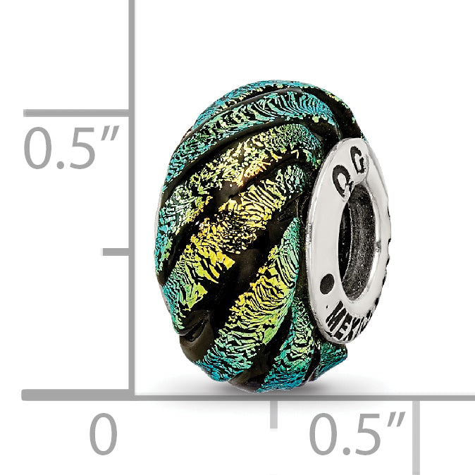 Sterling Silver Reflections Green Swirl Dichroic Glass Bead Size: 14.55MM X 10MM