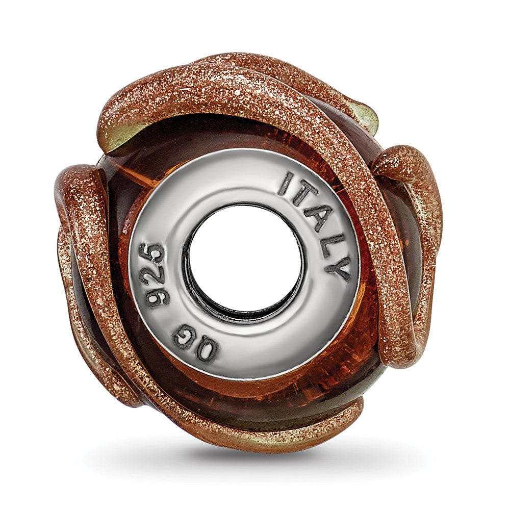 Sterling Silver Reflections Italian Brown w/Textured Lines Glass Bead