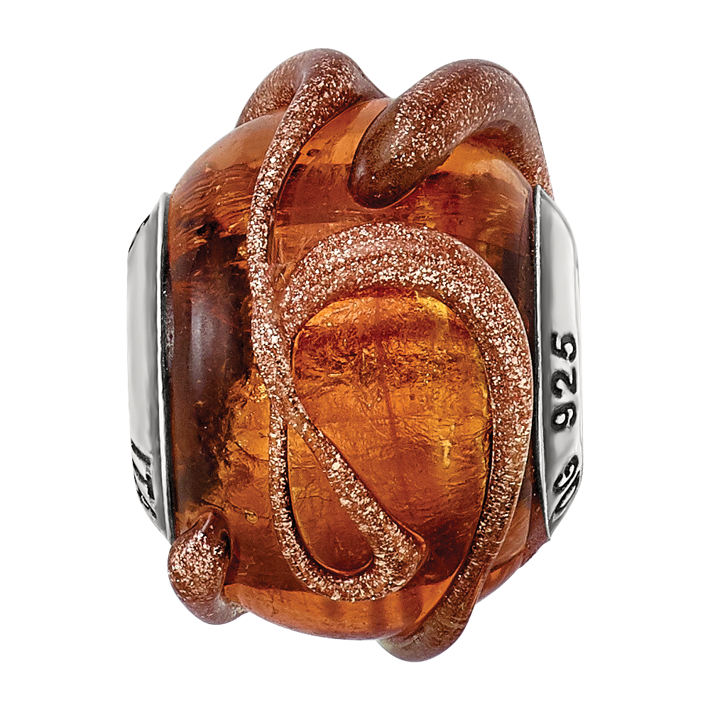 Sterling Silver Reflections Italian Brown w/Textured Lines Glass Bead