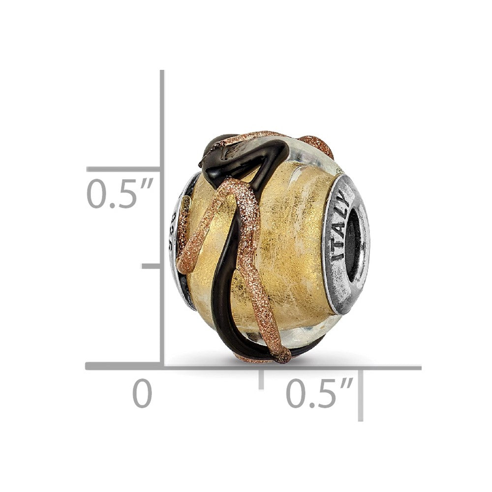 Sterling Silver Reflections Italian Yellow/Black/Brown Lines Glass Bead