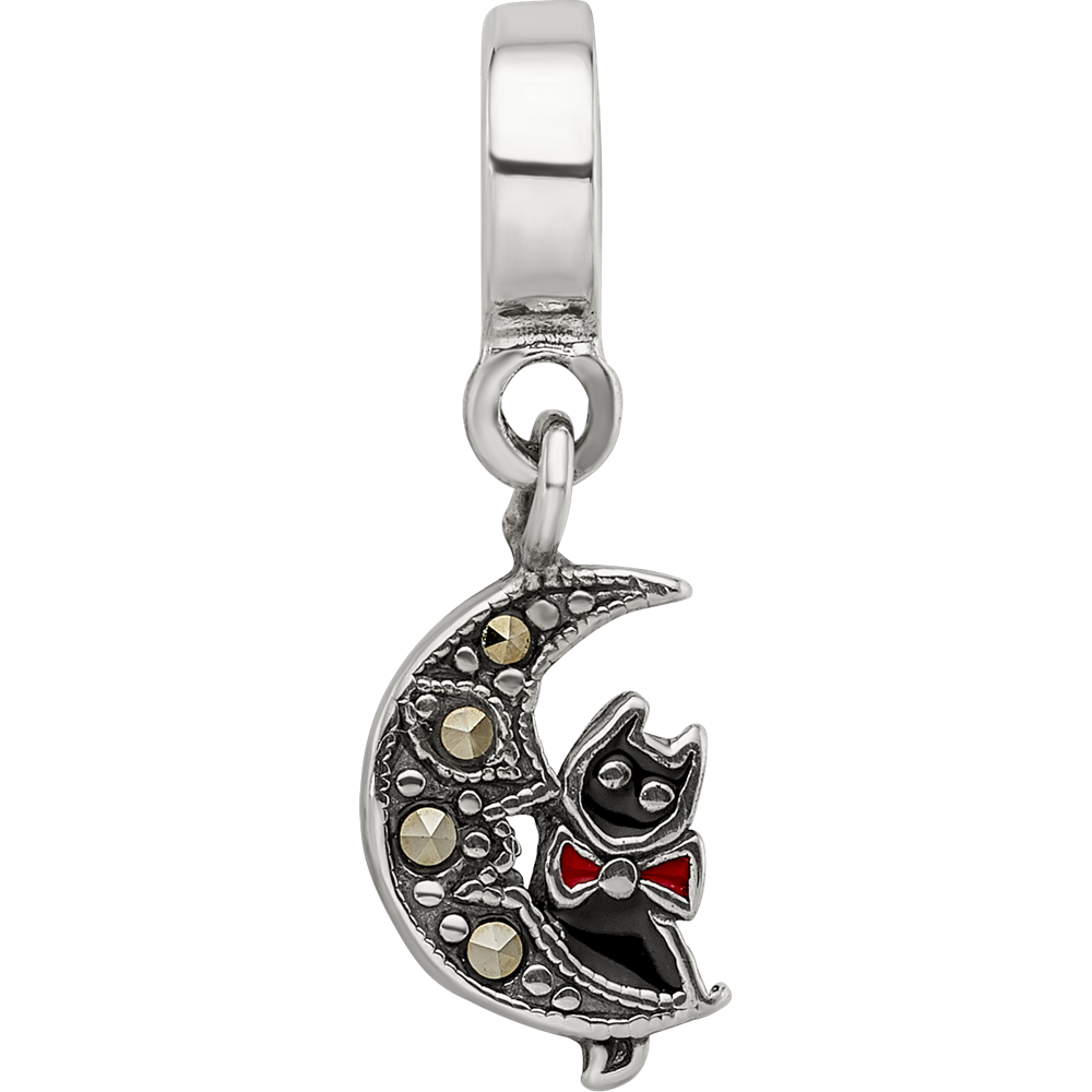 Sterling Silver Reflections Marcasite Cat & Moon Dangle Bead