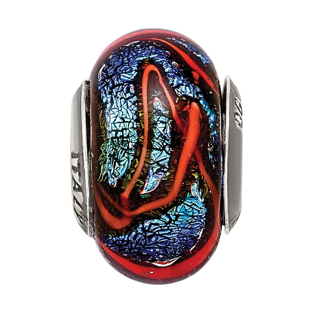 Sterling Silver Reflections Blue w/Orange Swirls Glass Bead