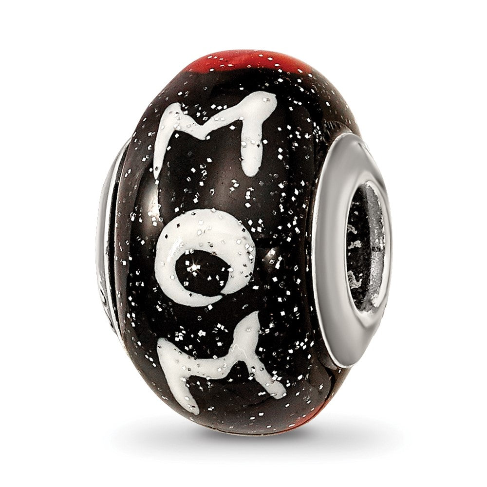 Sterling Silver Reflections Mom w/Hearts Black Italian Glass Bead
