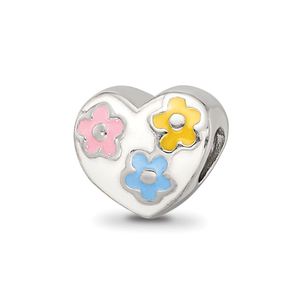 Sterling Silver Reflections Kids Enameled Heart w/Flowers Bead