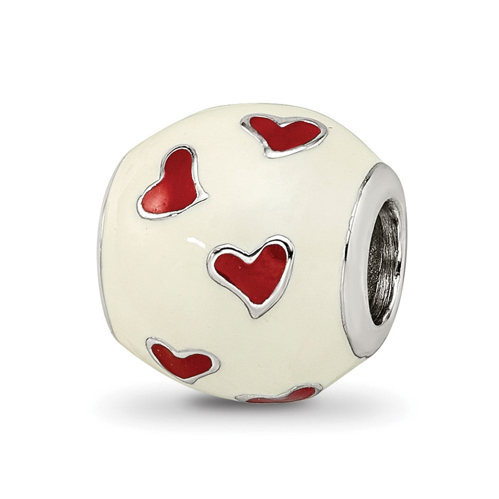 Sterling Silver Reflections Rhodium-plated Red & White Enamel Heart Bead