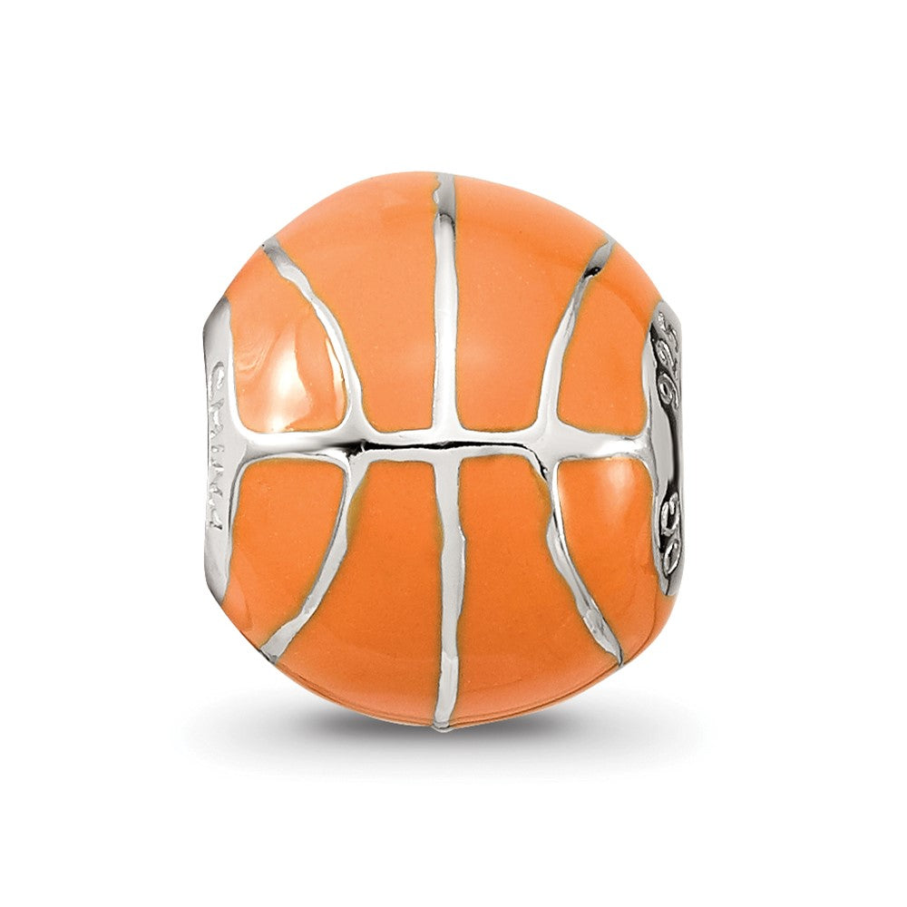 Sterling Silver Reflections Rhodium-plated Orange Enamel Basketball Bead