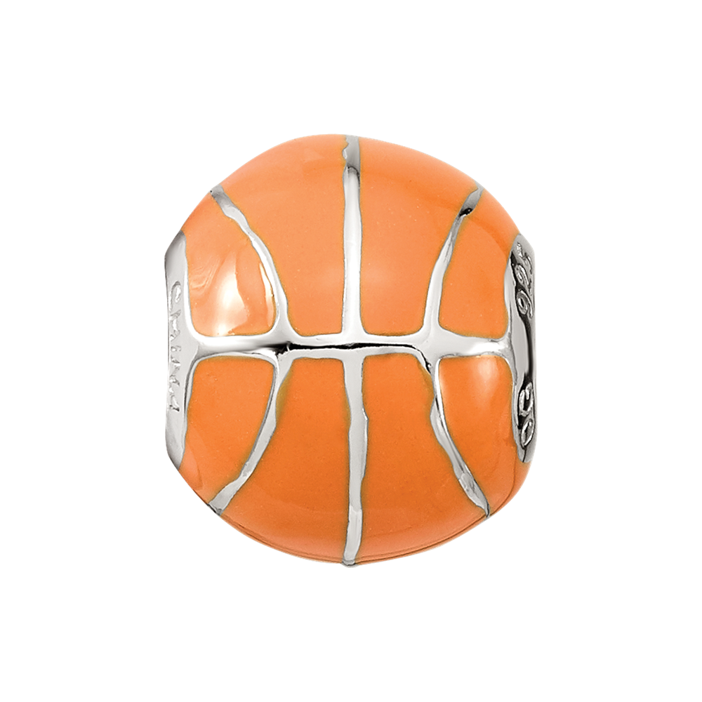 Sterling Silver Reflections Rhodium-plated Orange Enamel Basketball Bead