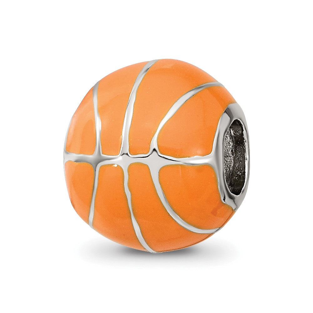 Sterling Silver Reflections Rhodium-plated Orange Enamel Basketball Bead