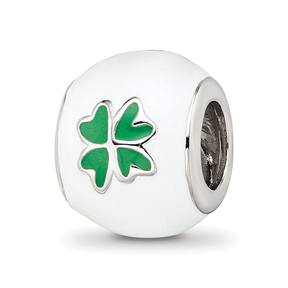 Sterling Silver Reflections Rhodium-plated White & Green Enamel Clover Bead