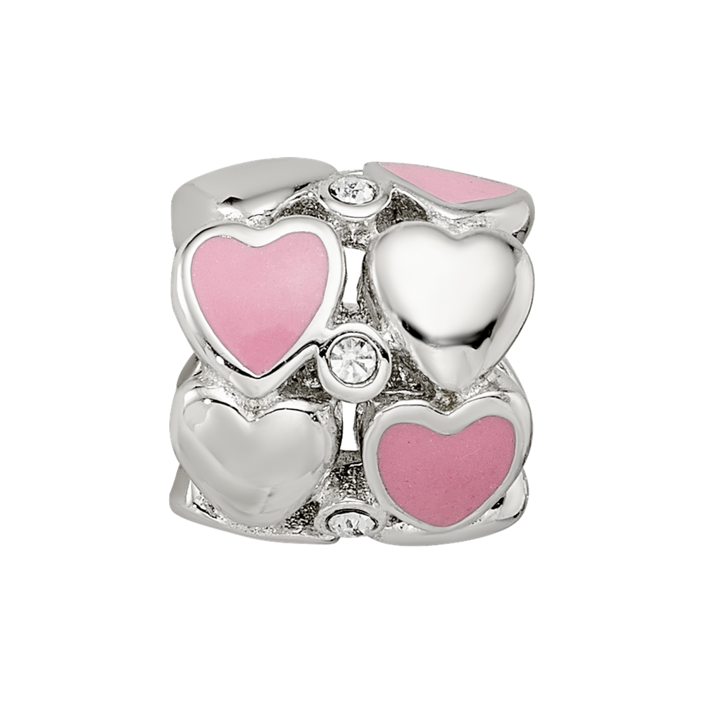 Sterling Silver Reflections Pink Enamel Crystal Hearts Bead
