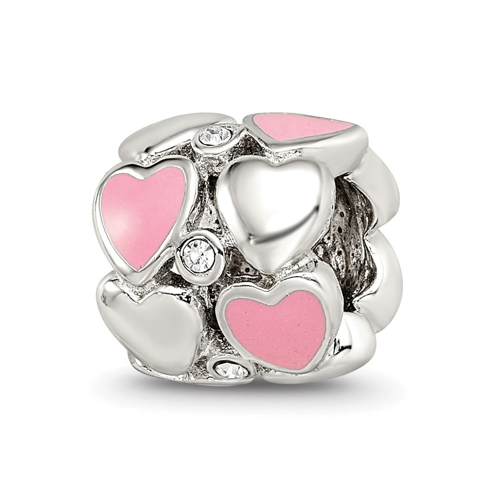 Sterling Silver Reflections Pink Enamel Crystal Hearts Bead