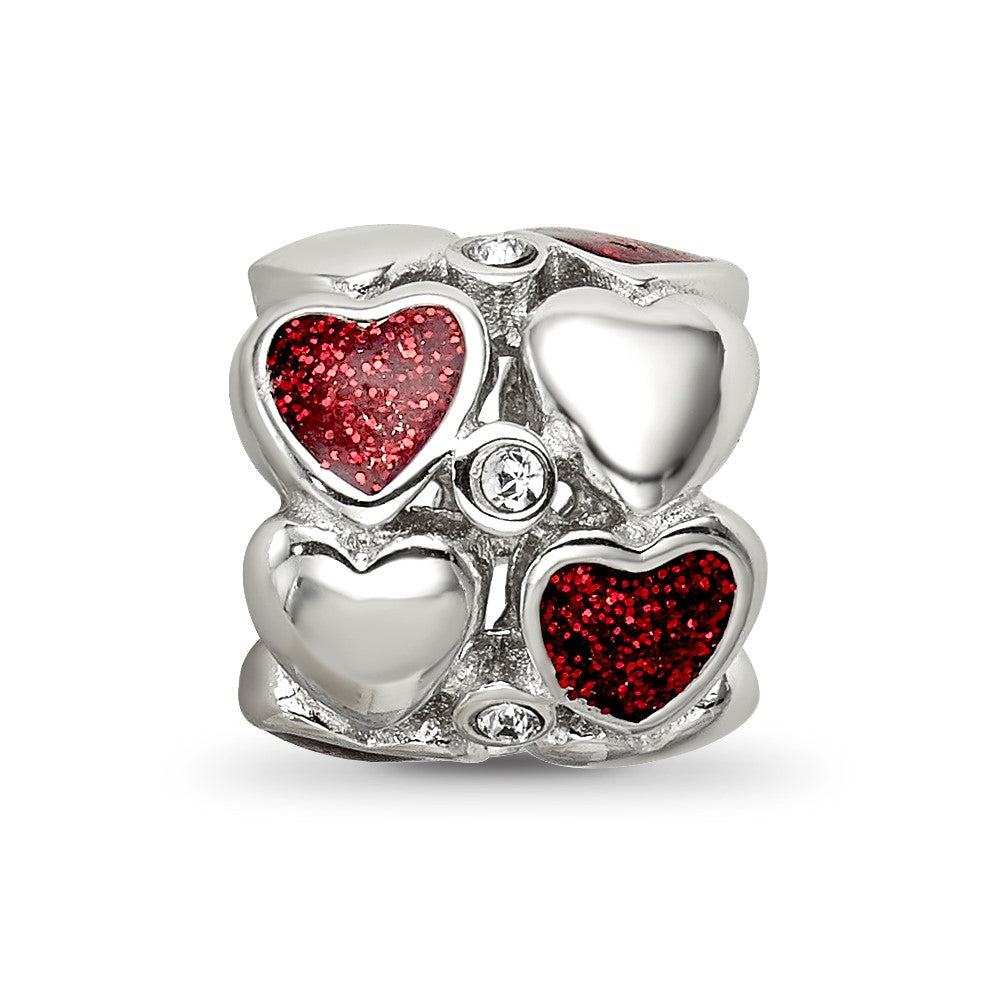 Sterling Silver Reflections Red Enamel Crystal Hearts Bead