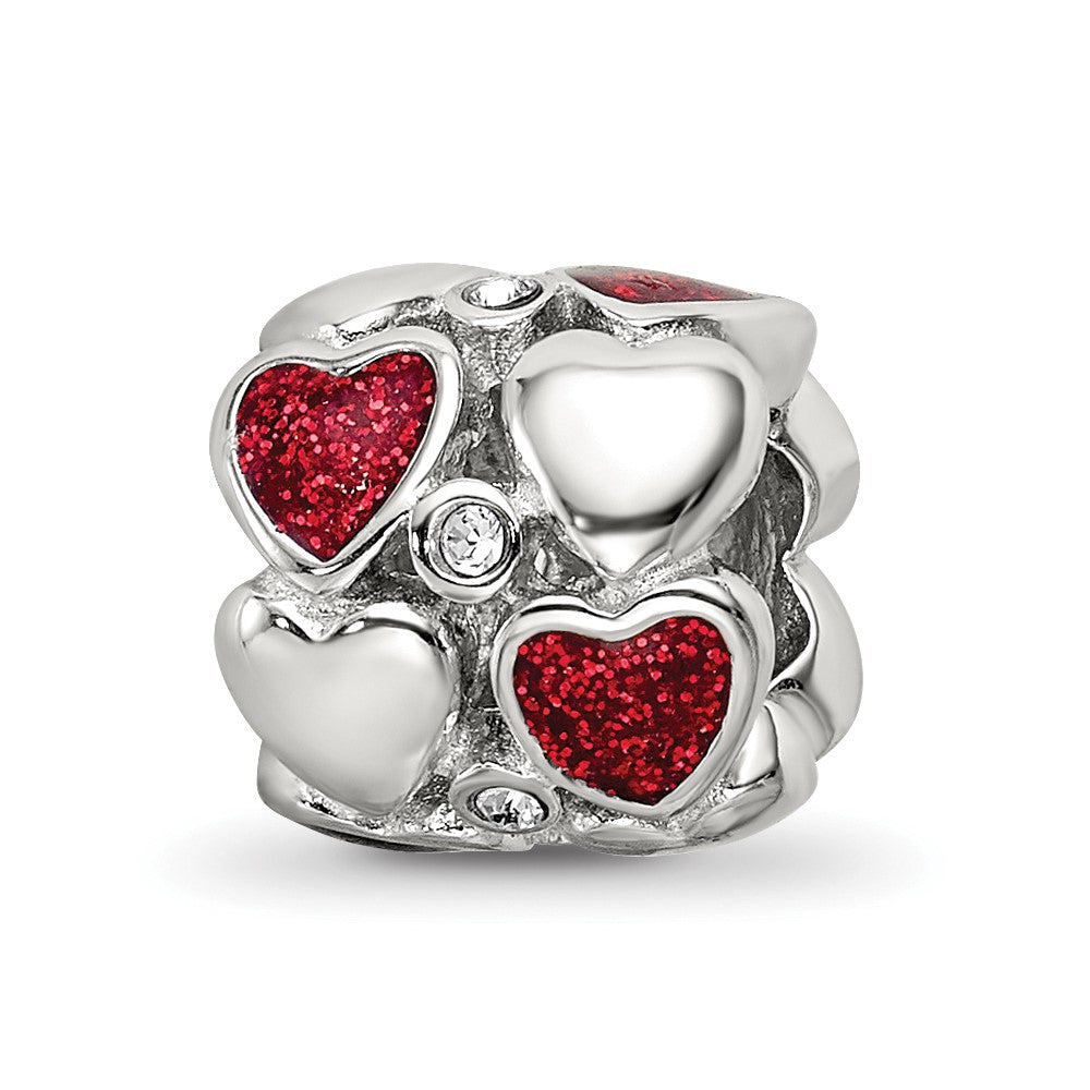 Sterling Silver Reflections Red Enamel Crystal Hearts Bead