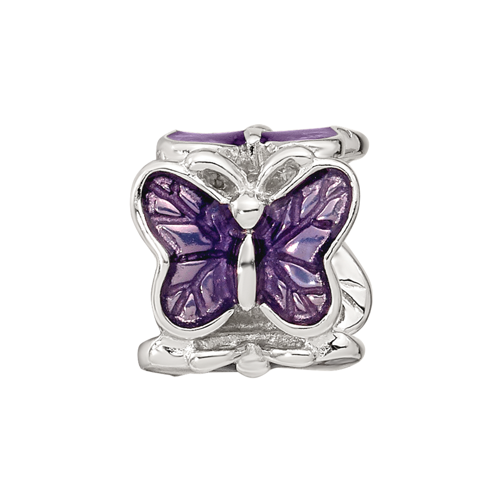 Sterling Silver Reflections Rh-plated Purple Enameled Butterfly Bead