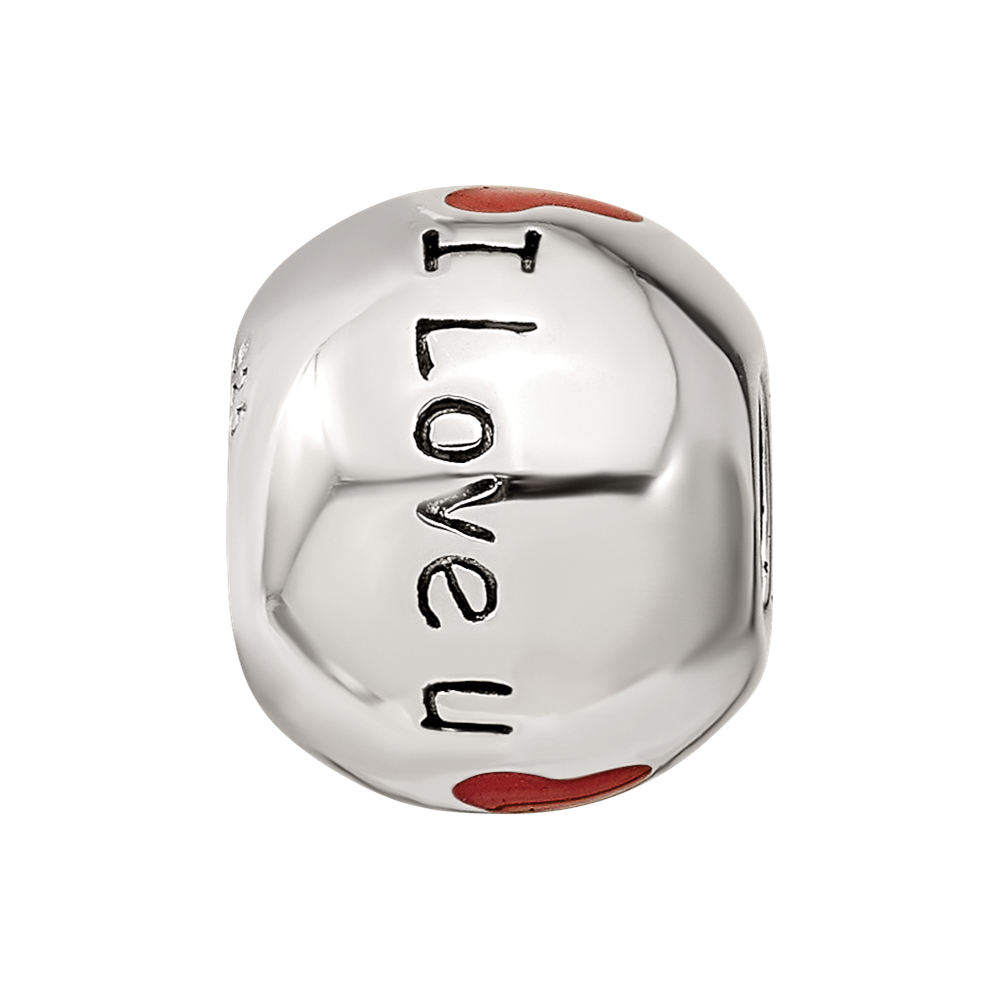 Sterling Silver Reflections Rh-plated Black & Red Enamel I LOVE U Bead