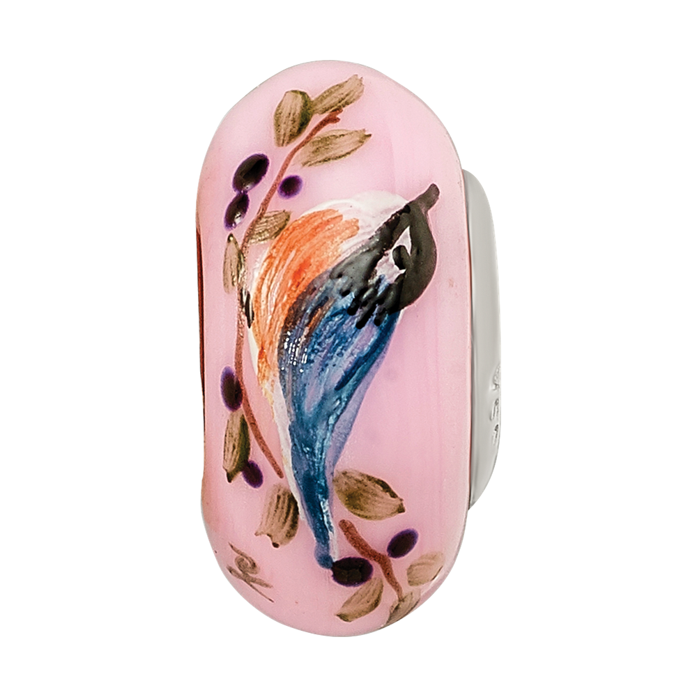 Ster.Silver Reflections Pink Hand Painted Nuthatch Fenton Glass Bead