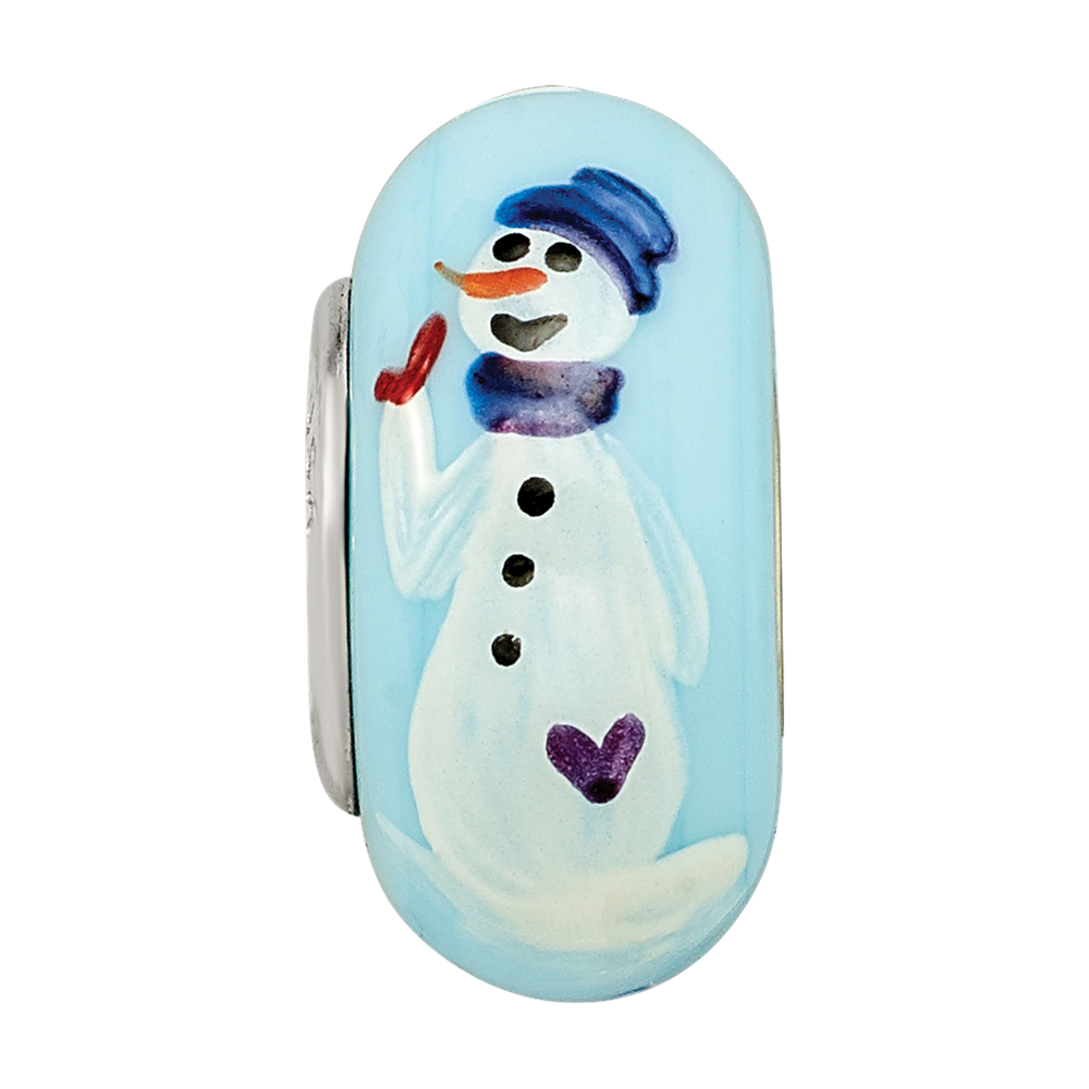 Ster.Silver Reflections Blue Hand Painted Snowman Fenton Glass Bead