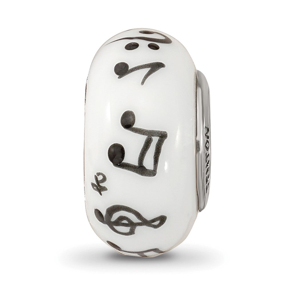 Ster.Silver Reflections White Hand Painted Music Notes Fenton Glass Bead