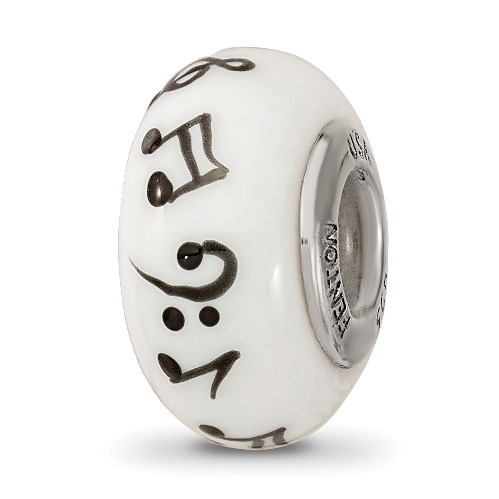 Ster.Silver Reflections White Hand Painted Music Notes Fenton Glass Bead