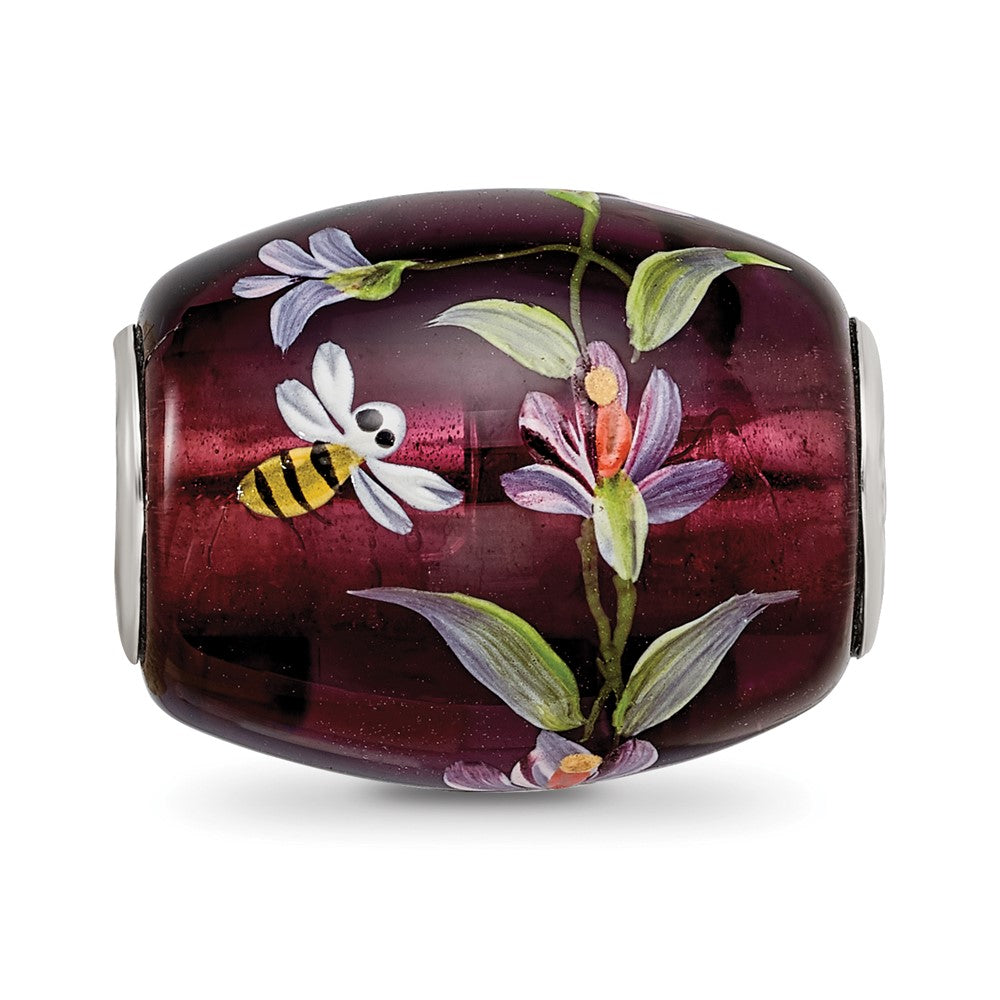 Ster.Silver Reflections Purple Hand Painted Magnolias Fenton Glass Bead