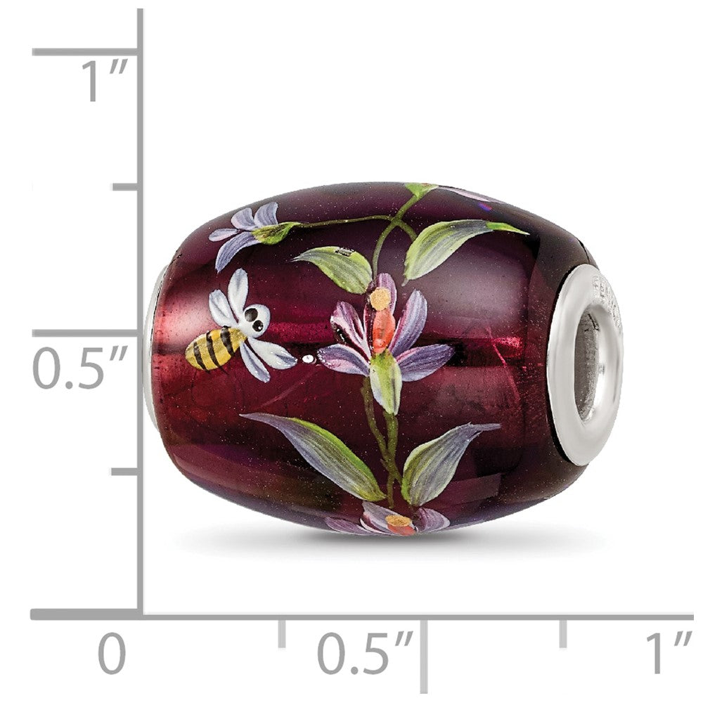 Ster.Silver Reflections Purple Hand Painted Magnolias Fenton Glass Bead