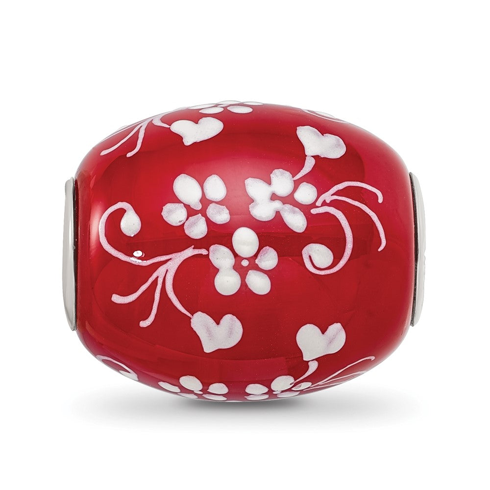 Ster.Silver Reflections Red Hand Painted Floral Hearts Fenton Glass Bead